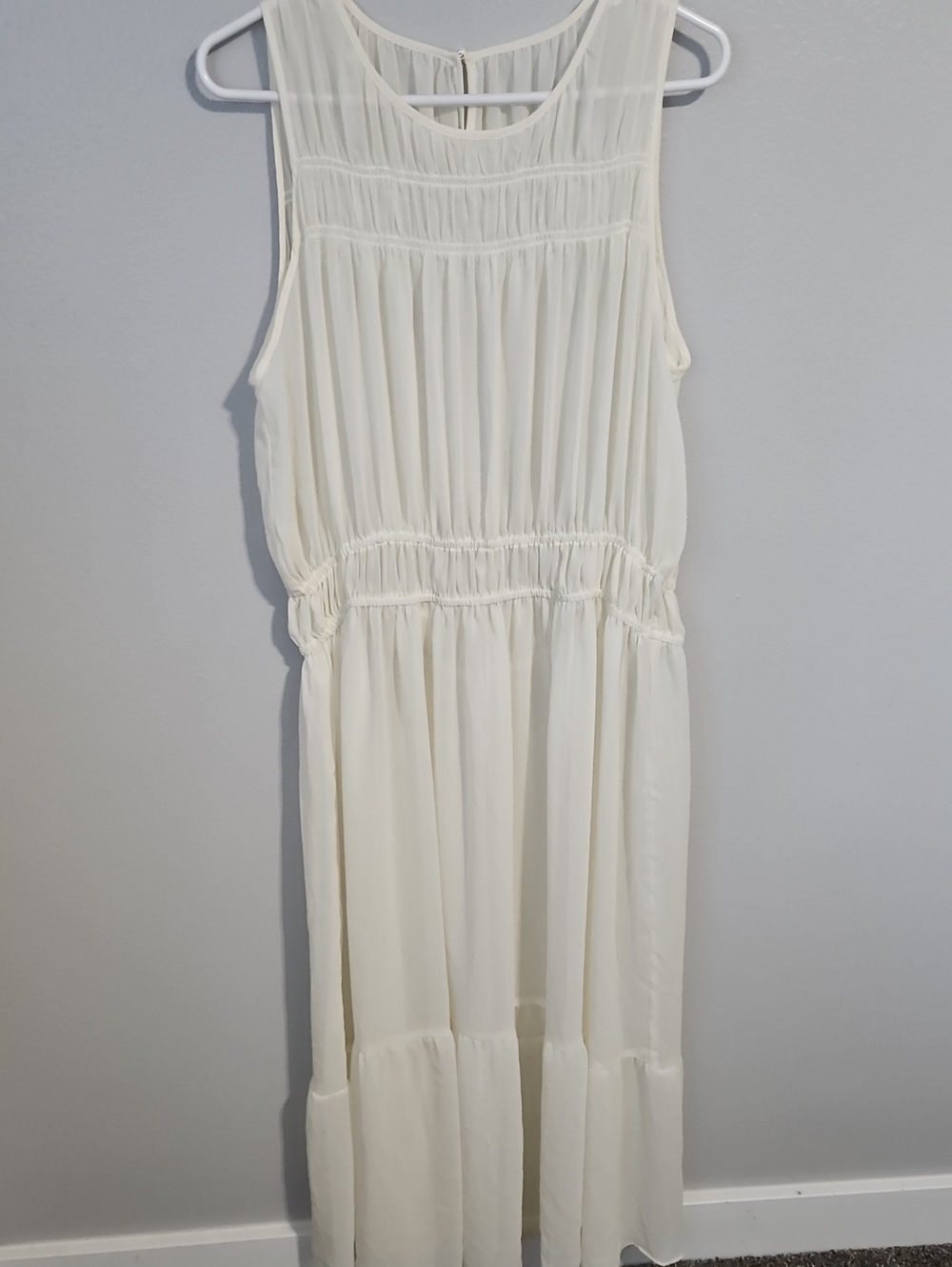 Sleeveless Cream Maxi Dress Sheer Lightweight Pleated Design